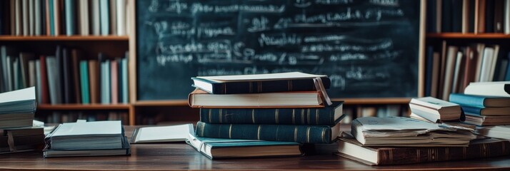 Stationery and books neatly arranged on a desk with blackboard in background suitable for study or classroom activities. Generative AI