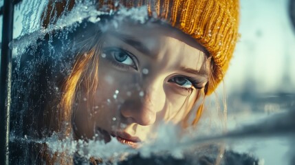 Close-up portrait of a young woman with blue eyes, wearing an orange beanie, looking through a frosty window in winter.