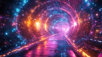 Obraz premium Futuristic neon tunnel with vibrant lights and glowing path.