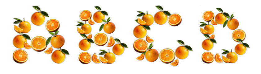 Letters A, B, C, D made from oranges