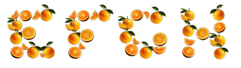 Letters E, F, G, H made from oranges