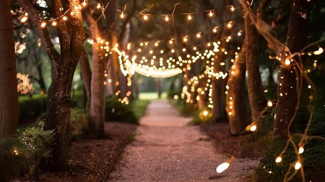Charming gravel path softly illuminated by string lights among towering trees, creating a magical oasis perfect for cozy evenings or festive celebrations in nature