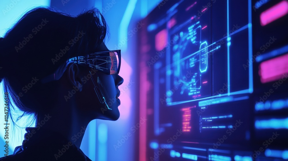 Aufkleber Collaboration between human and AI in a futuristic workspace with interactive displays. Generative AI