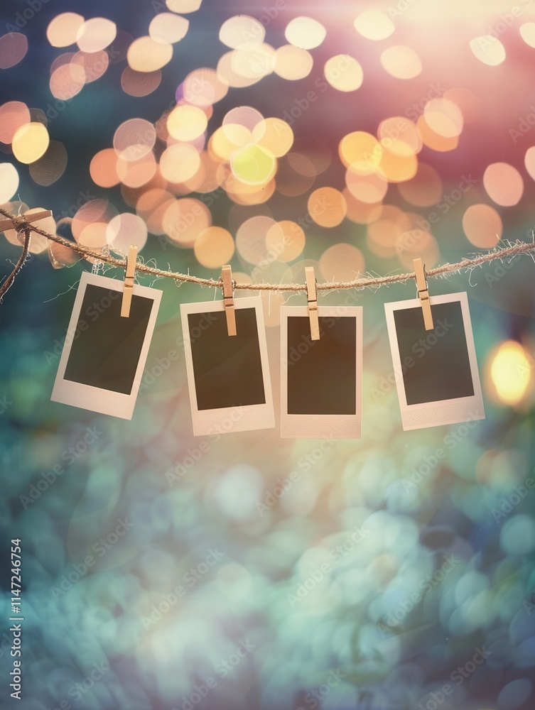Leinwandbilder polaroid pictures hanging on a string with clothespins against a blurred background of lights. gener
