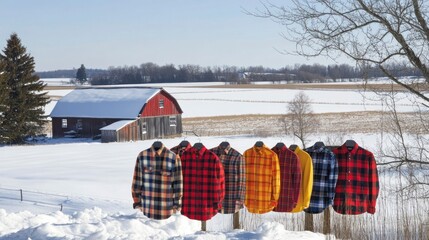 Colorful plaid shirts displayed outdoors in snowy winter landscape with barn.