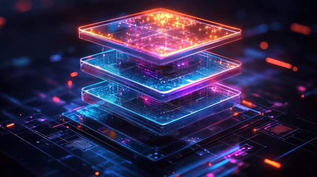 Abstract layered glowing digital data cube.
