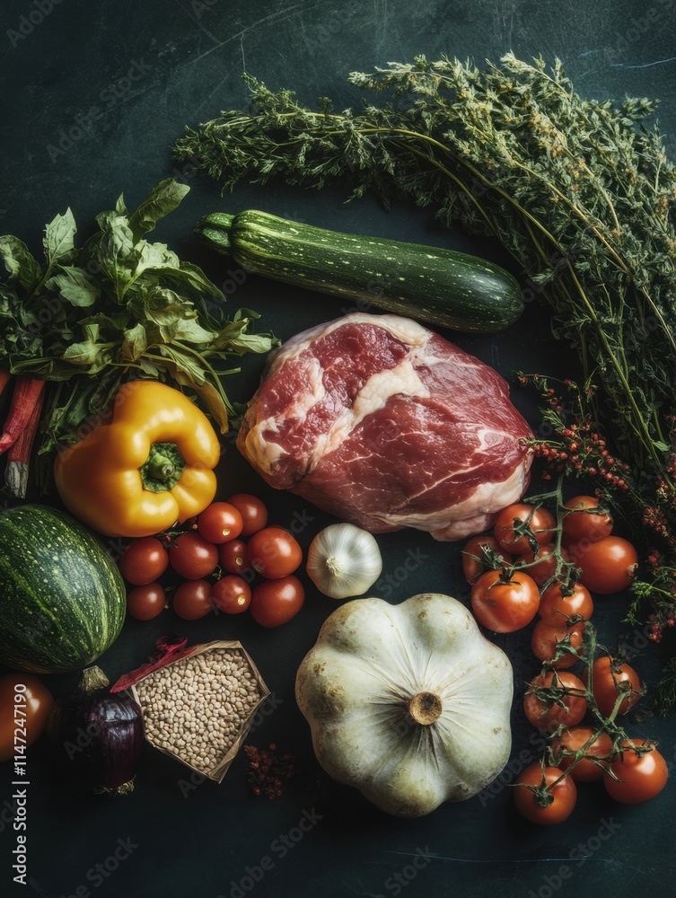 Leinwandbilder fresh vegetables and meat arranged on a dark surface showcasing natural colors and textures in a cul