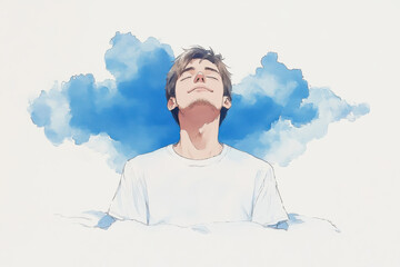 A man is looking up at the sky with a blue background