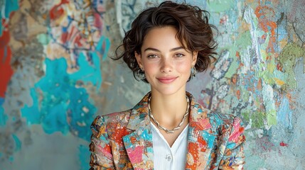 Confident woman with short curly hair, wearing a colorful blazer against a textured wall.