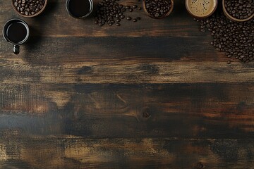 Overhead shot of dark wooden table with coffee beans and cups, ample copy space.