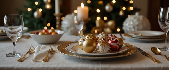 Golden Christmas Table Setting: A festive table setting with gold accents, featuring Christmas ornaments and a blurred background of a decorated Christmas tree.