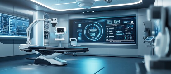 Modern futuristic operating room with advanced medical equipment and digital displays.