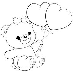 Cute Teddy Bear with Heart Balloons Coloring Page