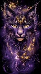 full frontal portrait of an abstract lynx in purple with hints of gold