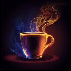 Colorful Neon Coffee Cup with Steam on Dark Background