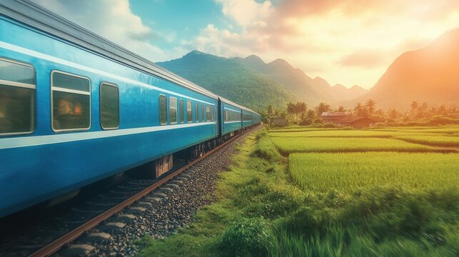 A luxury sleeper train traveling through mountains and paddy fields and small villages .