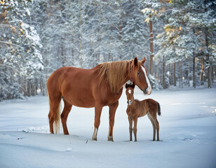 A chestnut mare and her foal stand together in deep snow against a backdrop of frost-covered pine trees.