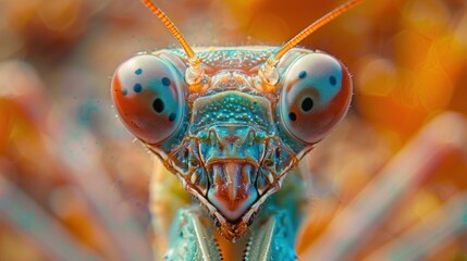 Close-up of a praying mantis's face, showcasing its intricate eyes and mouthparts against a blurred orange background.