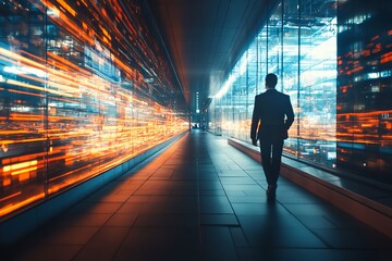 Businessman walking forward in a futuristic city corridor. Concept of progress, leadership, and innovation.