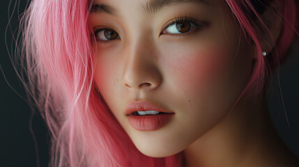 Fototapeta premium Portrait of a beautiful young asian with pink hair , model girl with pink hairstyle