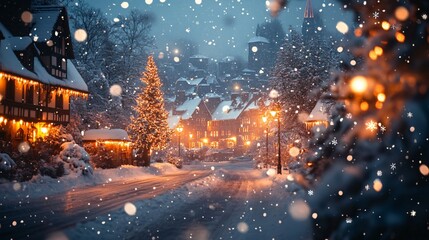 Naklejka premium Snowy Christmas night city