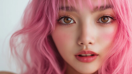 Fototapeta premium Portrait of a beautiful young asian with pink hair , model girl with pink hairstyle