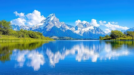 Serene mountain lake reflecting snow-capped peaks under a vibrant blue sky. (2)