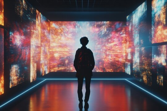 A visitor stands captivated in a vibrant digital gallery, surrounded by dynamic virtual artworks that change colors and shapes. Generative AI