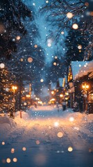 snowy Christmas village at night