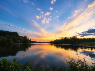 Vibrant sunset sky over a peaceful lake surrounded by lush greenery, beauty, trees, picturesque