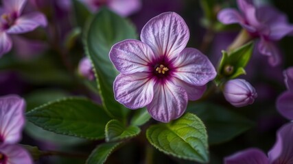 Close-up macro shot of vibrant purple flower petals and delicate leaves in a soft focus background, delicate, shot, flower