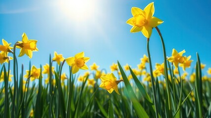 A beautiful field filled with vibrant yellow daffodil flowers swaying in the breeze under a clear blue sky, fresh, beauty, natural