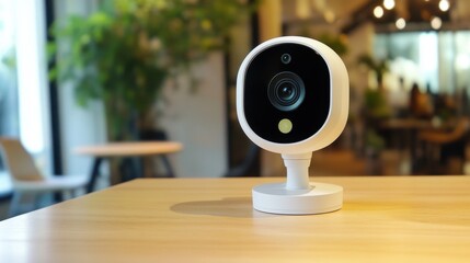 Modern Indoor Security Camera on Wooden Table in Bright Room