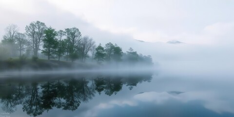 Majestic landscape with misty sky over lush green mountains and tranquil lake, peaceful, reflection, mist