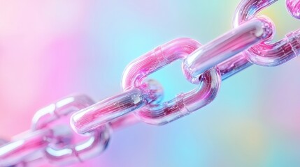 Close-up of iridescent pink chain links against a pastel background.