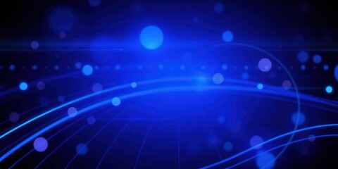Dynamic abstract background with neon glowing circles and lines on a dark blue surface, glowing, dark blue, vibrant