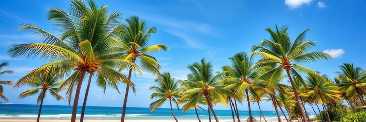 Obraz premium Majestic beach with sparkling turquoise waters, white sandy shore, and lush palm trees, paradise, blue sky