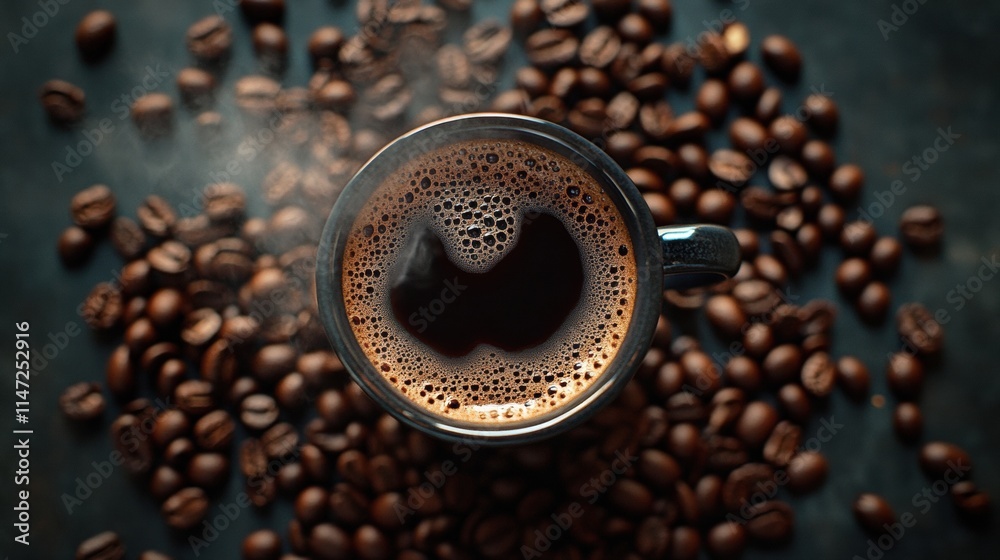 Aufkleber enjoying a warm cup of coffee surrounded by fresh coffee beans on a rustic background. generative ai