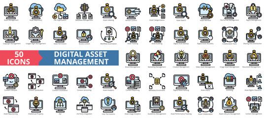 Digital asset management icon collection set. Containing repository, cloud file ,database ,indexing, version control, cms, content icon. Simple flat outline color illustration.
