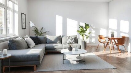 Scandinavian apartment interior with a comfortable grey couch, surrounded by minimalist decor and natural light, modern, interior
