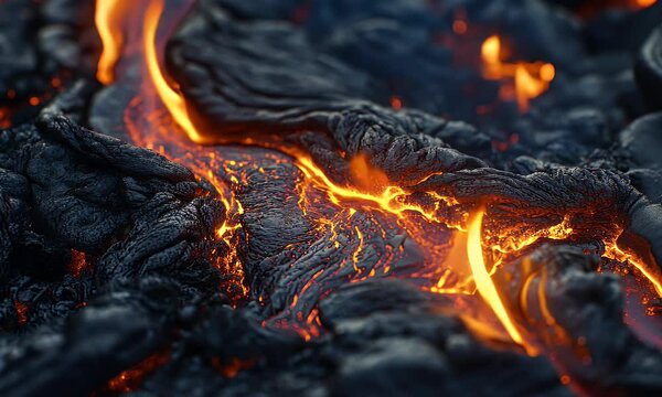 A close-up view of molten lava flowing over hardened volcanic rock.