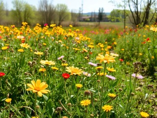 Obraz premium Vibrant yellow daffodil flowers blooming in a lush green field under the bright sun, floral, spring