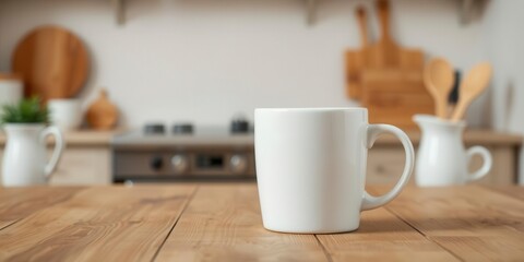 White ceramic mug mockup on wooden table with blank space for design, drink, background