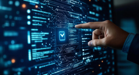 Fototapeta premium Digital Realm, A Hand Interacting with a Futuristic Digital Interface, wallpaper.