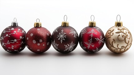 A collection of five round Christmas ornaments showcases vibrant red and gold hues