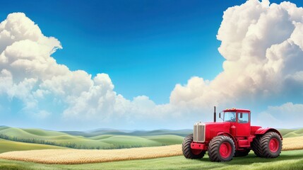 Obraz premium A vibrant red tractor sits in a golden wheat field under a clear blue sky with fluffy white clouds, celebrating Farmer's Day and the agricultural spirit.