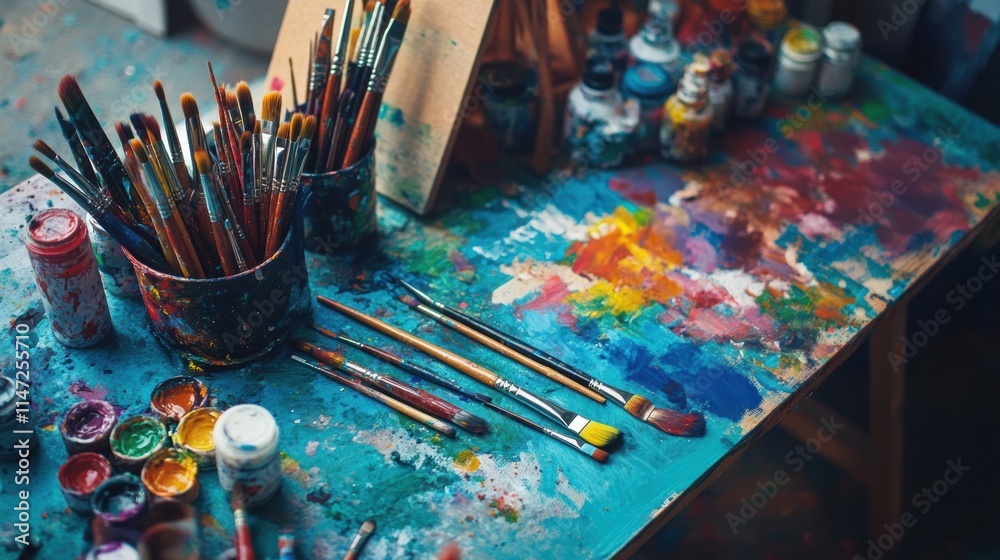 Poster creative workspace filled with artist brushes colorful paints and canvases ready for artistic expres
