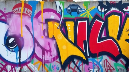 A vibrant and colorful abstract mural painted on an urban outdoor brick wall, creativity, painting, outdoor