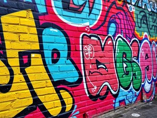 Fototapeta premium A vibrant and colorful graffiti mural covering a brick wall in an urban outdoor setting, artistic, colorful
