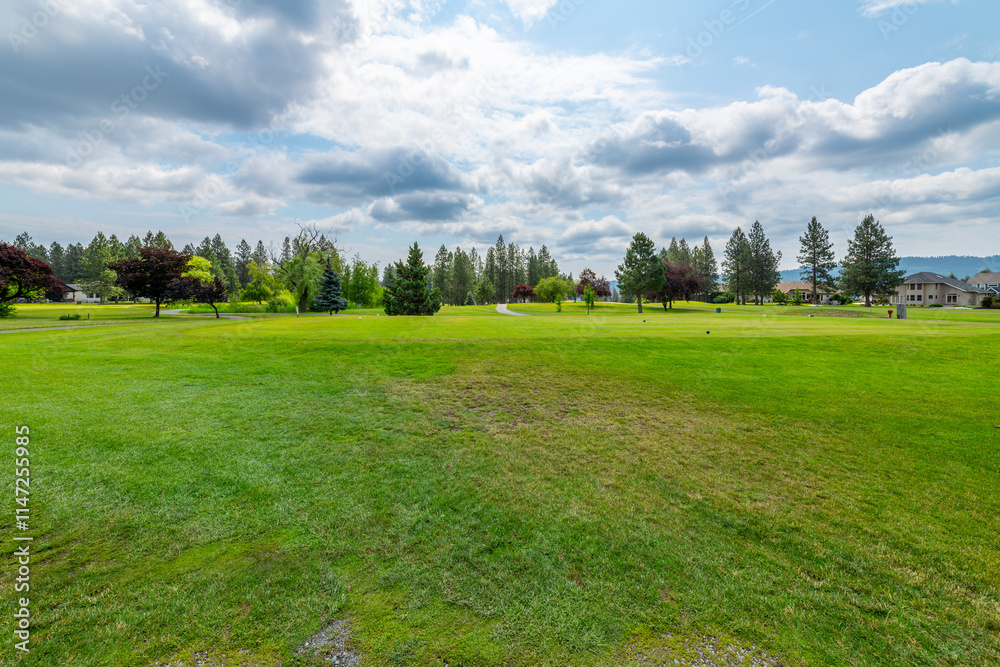 Canvas Prints Manicured fairways, greens and hazards at a suburban golf course, part of a luxury golf community of homes in the rural town of Post Falls, Idaho, in the general Coeur d'Alene area of North Idaho.	